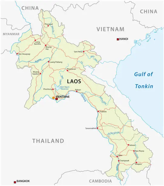 Vector illustration of Road vector map of Lao People`s Democratic Republic