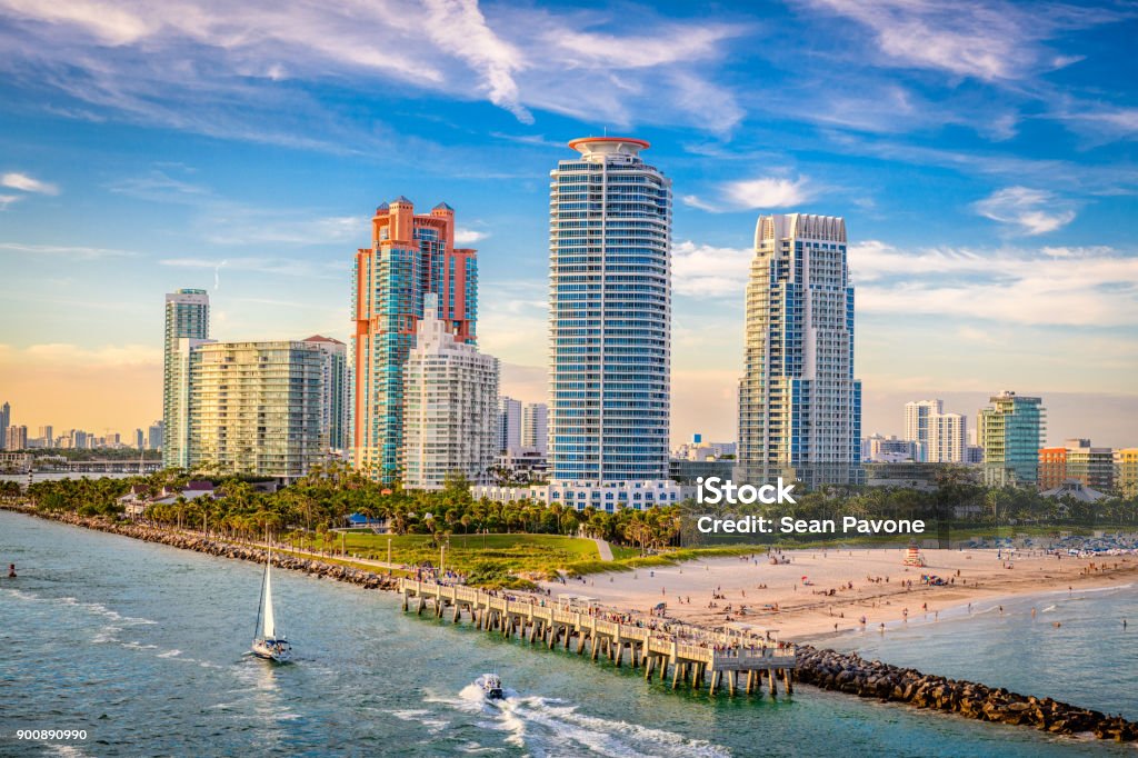 South Beach, Miami, Florida, USA South Beach, Miami, Florida, USA over South Pointe Park. Miami Stock Photo