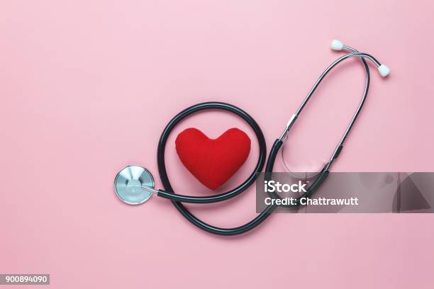 Table Top View Shot Of Arrangement Equipment Medical Background Conceptred Heart Stethoscope On Modern Rustic Pink Paperan Idea Essential Accessories For Doctor For Care Patient In Hospital Stock Photo - Download Image Now