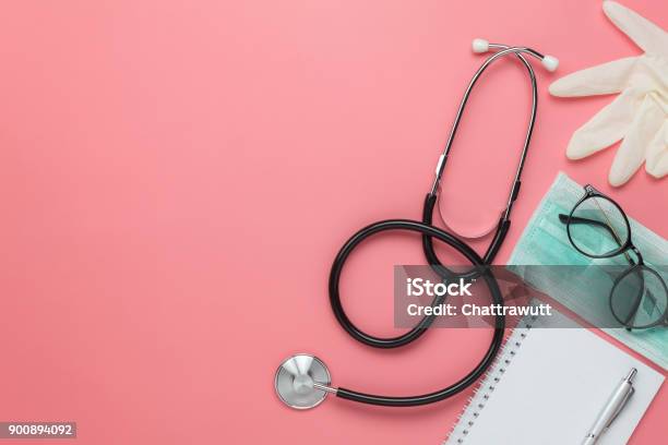 Flat Lay Aerial Of Accessories Healthcare Medical Background Conceptfree Space For Mock Up Templatedifference Objects On Modern Rustic Pink Paperan Idea For Essential Tools Doctor In Hospital Stock Photo - Download Image Now