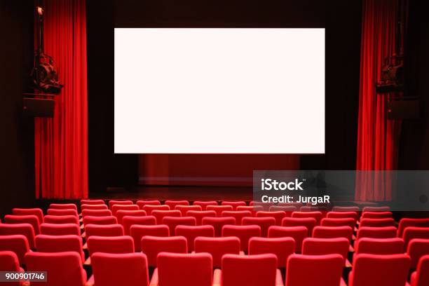 Empty Cinema Room With Red Seats And Blank Screen Stock Photo - Download Image Now - Movie Theater, Movie, Film Industry