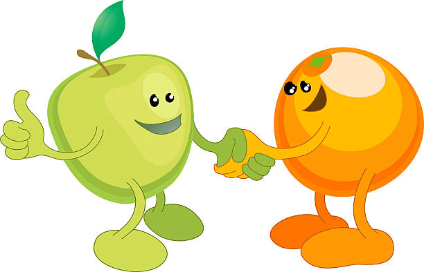 ilustrações, clipart, desenhos animados e ícones de maçã e laranja felizmente, apertando as mãos " - characters cooperation teamwork orange