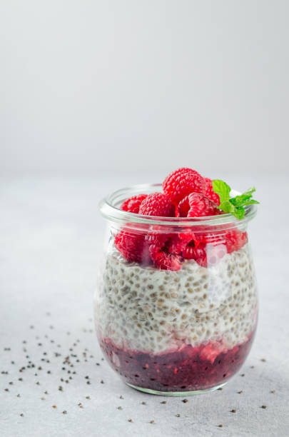 istock One glass of chia pudding with raspberry, jam and mint leaves on 900912858