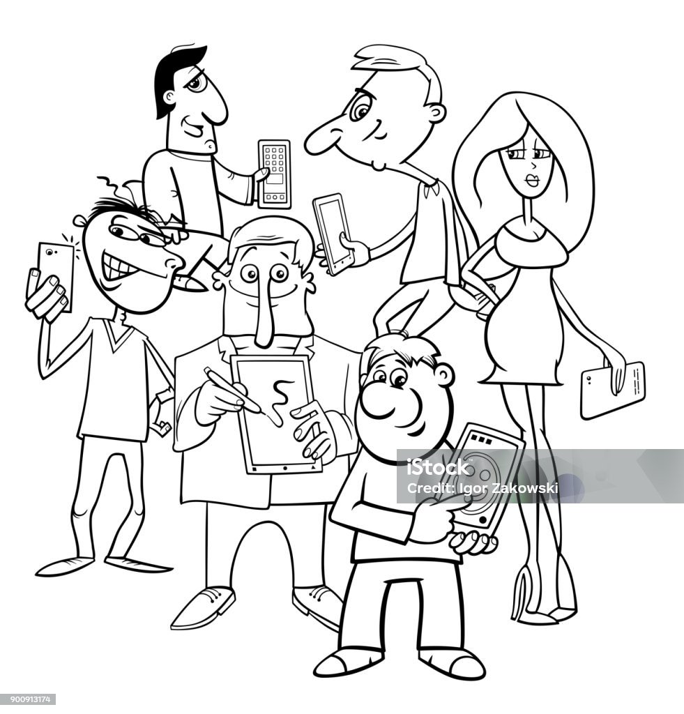 comics people group with electronic devices Black and White Cartoon Illustration of People Group with Smart Phones and Tablets New Technology Electronic Devices Adult stock vector