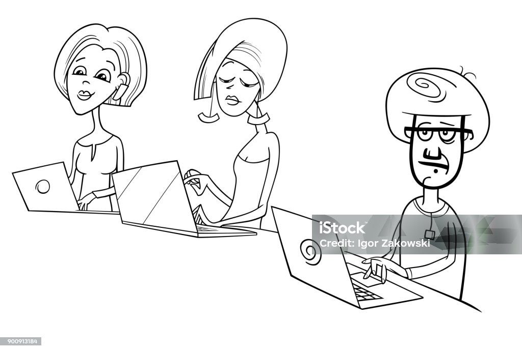 people working on laptops cartoon illustration Black and White Cartoon Illustration of People Working on Notebook Computers Adult stock vector