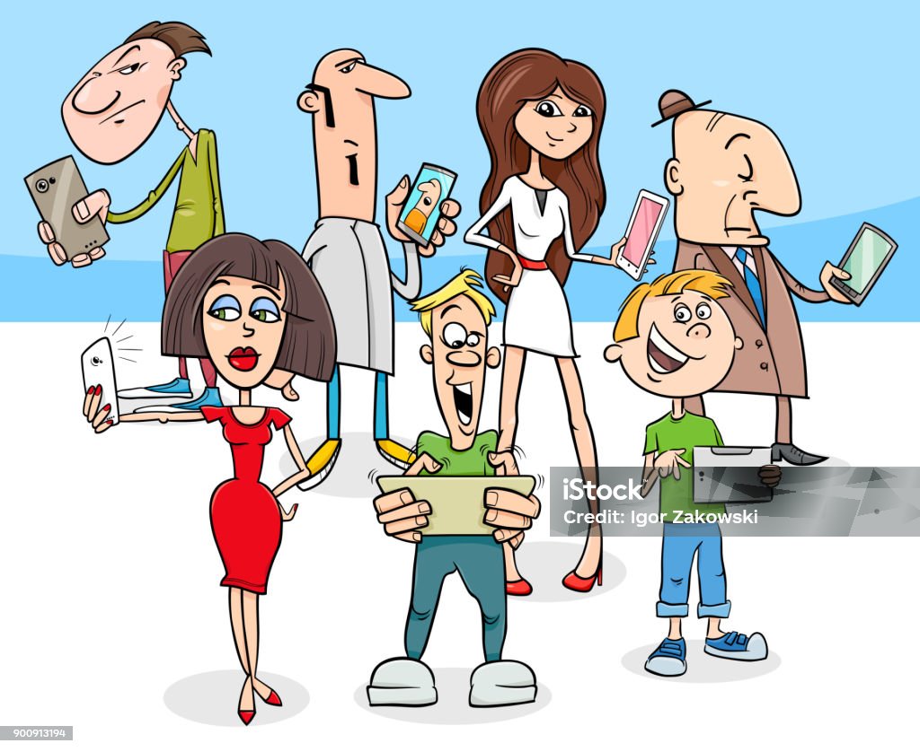 Cartoon People With Modern Electronic Devices Stock Illustration - Download  Image Now - Caricature, Mobile Phone, Crowd of People - iStock