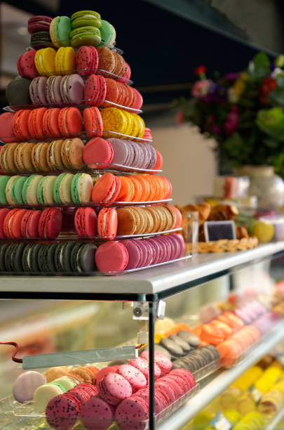 Colorful macaroons in French pastry. stock photo