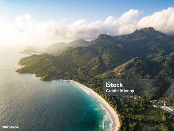 Grand Anse Mahe Island Seychelles Beach Coastline Stock Photo - Download Image Now - Aerial View, Beach, Mountain