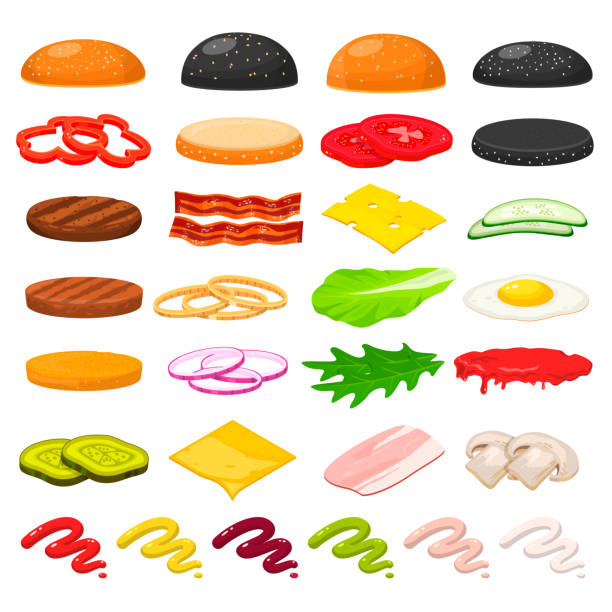 ilustrações de stock, clip art, desenhos animados e ícones de burger ingredients set - bacon cheeseburger bacon cheeseburger hamburger
