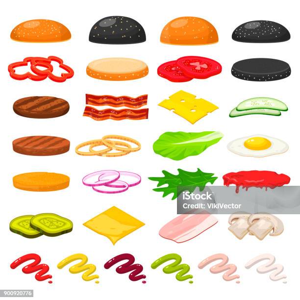 Burger Ingredients Set Stock Illustration - Download Image Now - Burger, Vector, Bacon