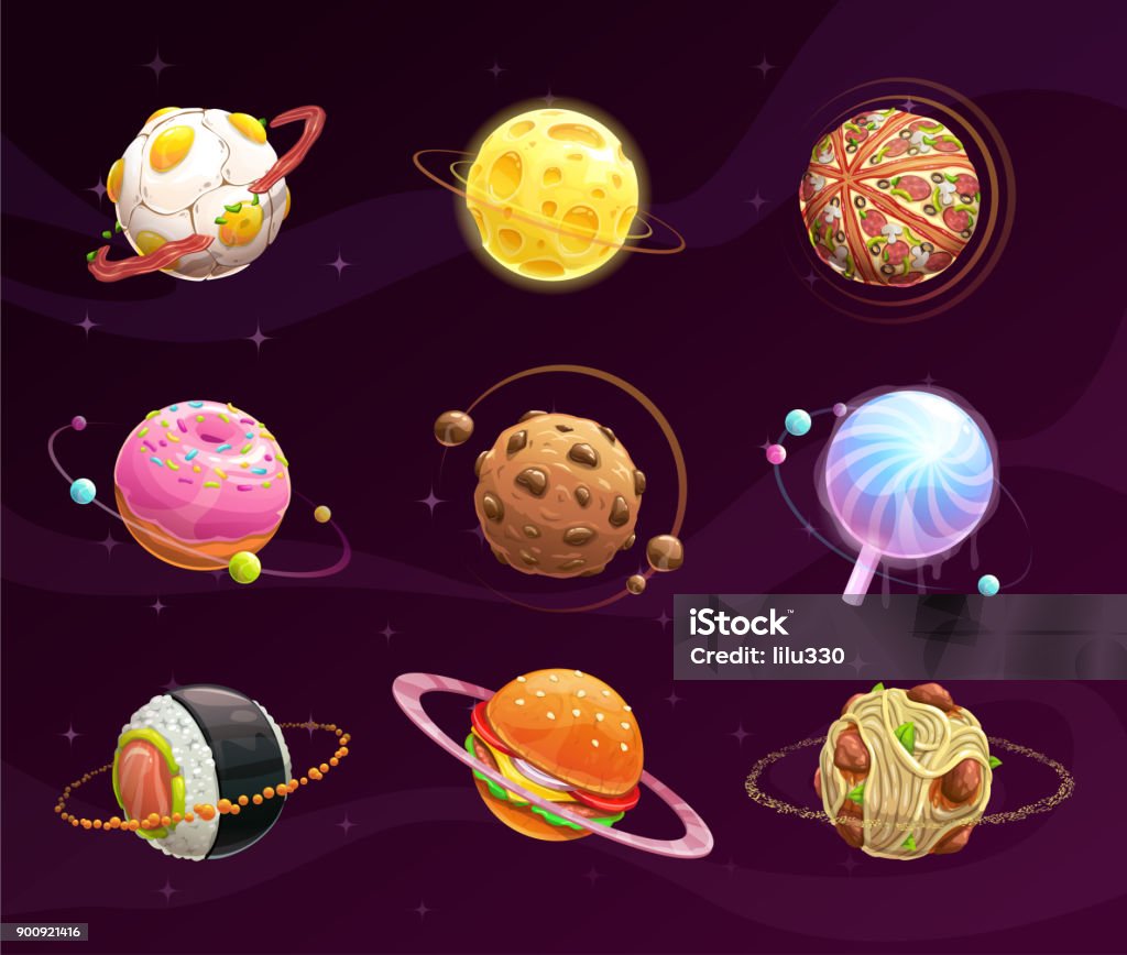Food planet galaxy concept Food planet galaxy concept. Fantasy planets set on cosmic background. Vector space illustration. Tasty astronomy art. Food stock vector