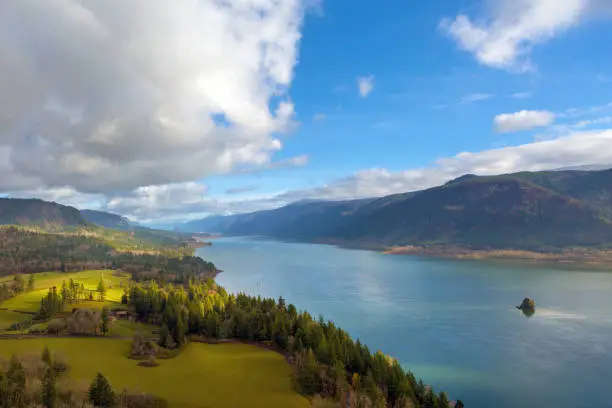 Photo of Columbia River Gorge from Cape Horn viewpoint in Washington State on a cloudy blue sky day