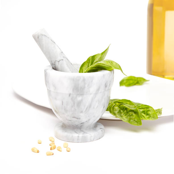 White and gray marble mortar and pestle stock photo