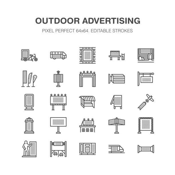 Outdoor advertising, commercial, marketing flat line icons. Billboard, street signboard, transit ads, posters banner promotion design elements. Trade objects thin linear sign. Pixel perfect 64x64 Outdoor advertising, commercial, marketing flat line icons. Billboard, street signboard, transit ads, posters banner promotion design elements. Trade objects thin linear sign. Pixel perfect 64x64. bus borders stock illustrations