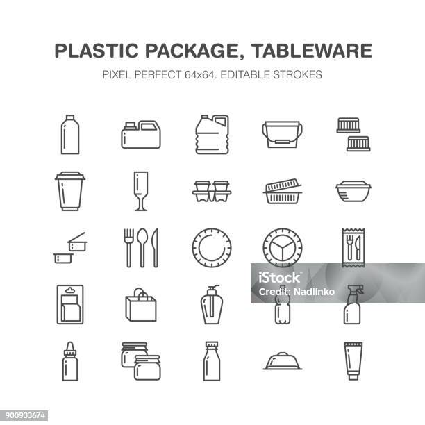 Kunststoffverpackungen Einweggeschirr Linie Symbole Produktpaketen Container Flasche Kanister Teller Besteck Container Dünne Unterschreibt Für Shop Synthetischen Material Güterproduktion Pixel Perfect 64 X 64 Stock Vektor Art und mehr Bilder von Icon