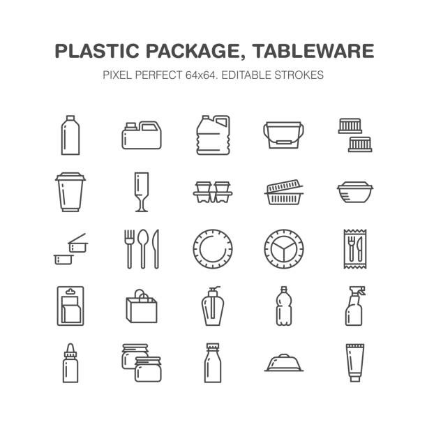 пластиковая упаковка, одноразовые значки линии посуды. продуктовые пакеты, контейнер, бутылка, канистра, столовые приборы. контейнер тонки� - disposable stock illustrations