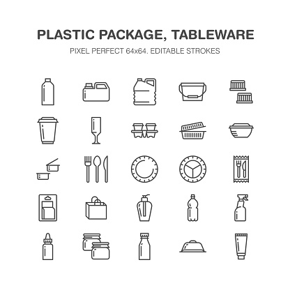 Plastic packaging, disposable tableware line icons. Product packs, container, bottle, canister, plates cutlery. Container thin signs for shop, synthetic material goods production. Pixel perfect 64x64.