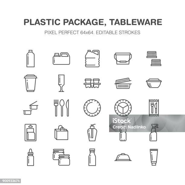 Plastic Packaging Disposable Tableware Line Icons Product Packs Container Bottle Canister Plates Cutlery Container Thin Signs For Shop Synthetic Material Goods Production Pixel Perfect 64x64 Stock Illustration - Download Image Now