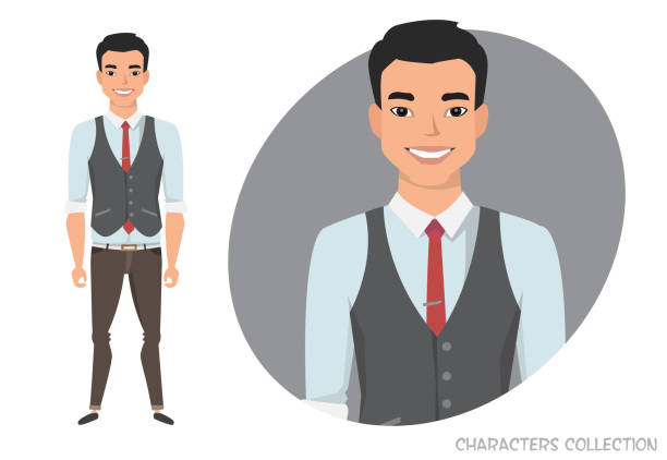 Stylish young asian man in casual clothes. Stylish asian young man in casual clothes. Vector character in cartoon style menique lagoon stock illustrations