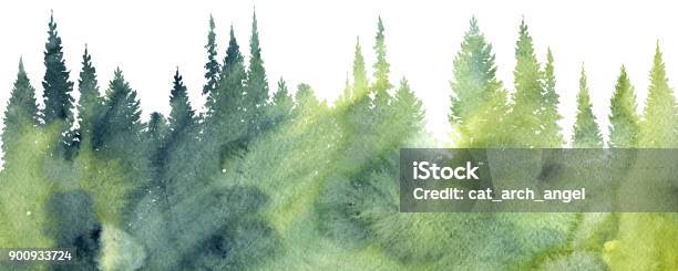 Watercolor Landscape With Trees Stock Illustration - Download Image Now - Watercolor Painting, Forest, Tree