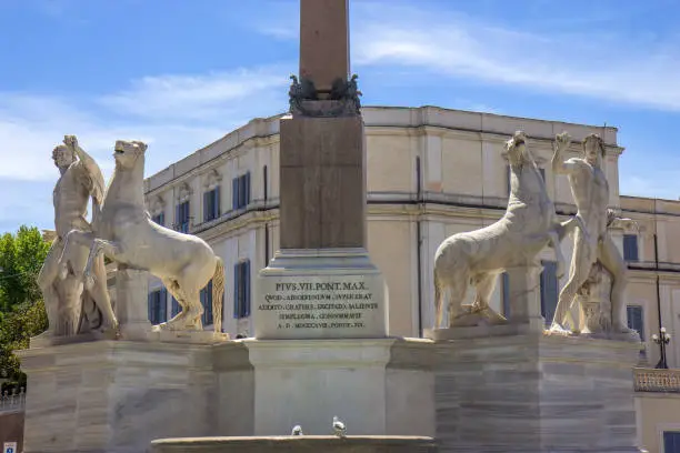 Photo of The Fontana dei Dioscuri with the equestrian statues of Castor and Pollux on the Piazza del Quirinale, in Rome, Italy.