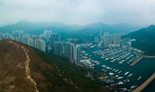 Aberdeen Typhoon Shelters view at Yuk Kwai Shan (mount Johnston)located in Ap Lei Chau, Hong Kong, in sunrise time
