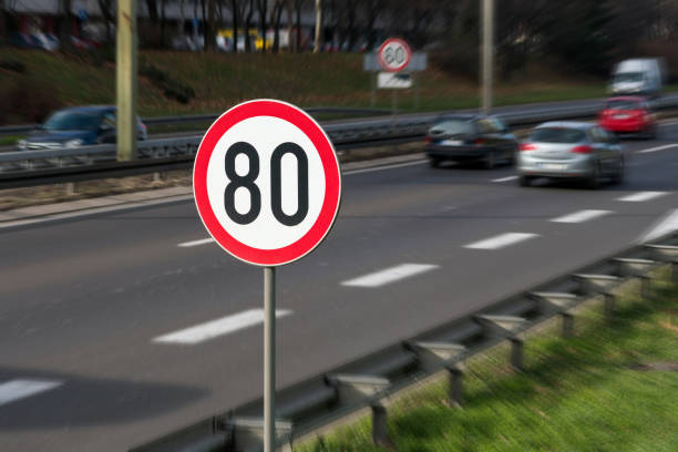 istock Traffic sign on a highway showing maximum speed 900941004