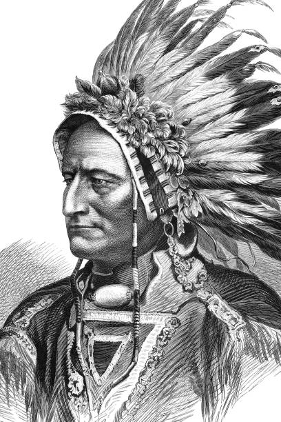ilustraciones, imágenes clip art, dibujos animados e iconos de stock de retrato de nativo americano tribal jefe sentada bull 1875 - chief sitting bull
