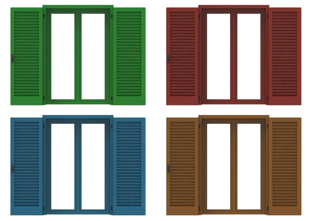 four Window open with colored venetian shutters. stock photo