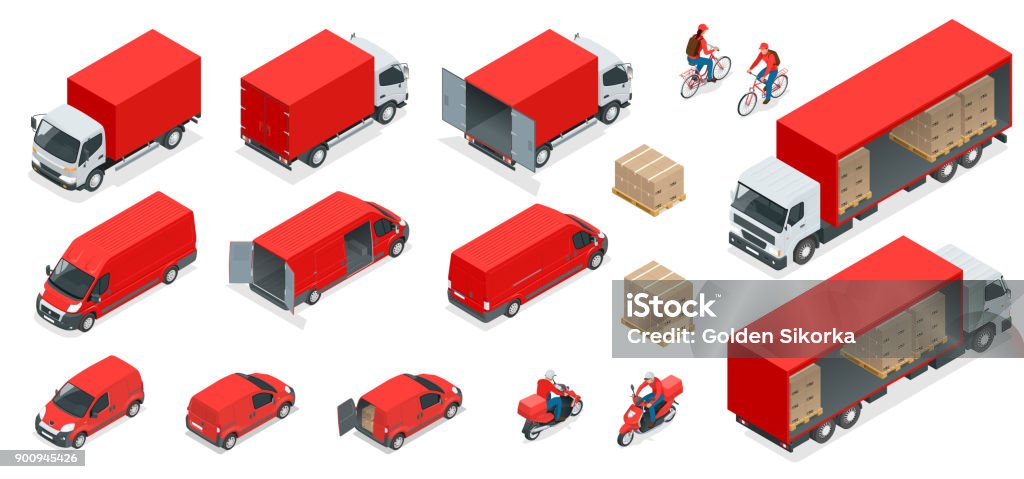 Iconos de logística isométricos conjunto de vehículos de distribución de transporte diferentes, elementos de la entrega. Transporte de cargas aislado sobre fondo blanco. - arte vectorial de Proyección isométrica libre de derechos