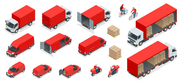 illustrations, cliparts, dessins animés et icônes de isométrique logistique icônes définies différentes distribution des véhicules de transport, éléments d’exécution. transport de chargement isolé sur fond blanc. - distribution warehouse illustrations