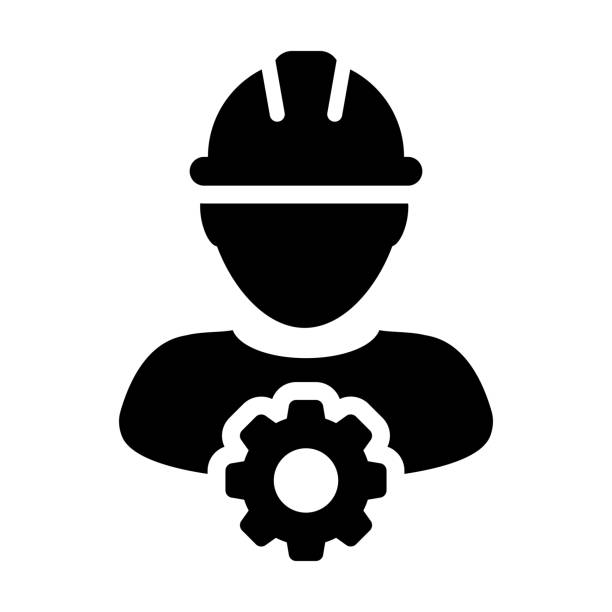 ilustraciones, imágenes clip art, dibujos animados e iconos de stock de servicio icono vector hombre trabajador avatar perfil persona con engranaje de rueda dentada para el soporte de ingeniería y con casco en glifo pictograma símbolo - hard hat