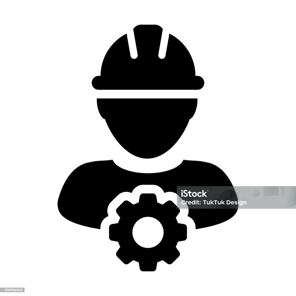 Service Icon Vector male Person Worker Avatar Profile with Gear Cog Wheel for Engineering Support and with Hard Hat in Glyph Pictogram Symbol Service Icon Vector Male Person Worker Avatar Profile with Gear Cog Wheel for Engineering Support and with Hard Hat in Glyph Pictogram Symbol illustration Icon Symbol stock vector