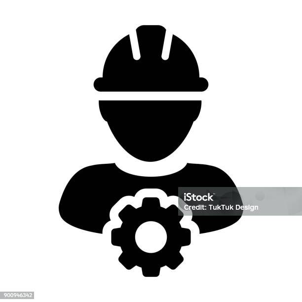 Service Icon Vector Male Person Worker Avatar Profile With Gear Cog Wheel For Engineering Support And With Hard Hat In Glyph Pictogram Symbol Stock Illustration - Download Image Now
