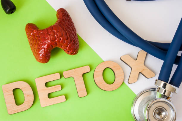 Thyroid detox concept photo. Word detox of volumetric letters is near 3D thyroid model and medical stethoscope. Medical diet program for detoxification and cleanse of gland for women and men foto de concepto de desintoxicación de la tiroides. desintoxicación de la palabra de letras volumétricas es cerca de modelo 3d de la tiroides y un estetoscopio médico. dieta médica programa de desintoxicación y limpieza de la glándula para hombres y mujeres