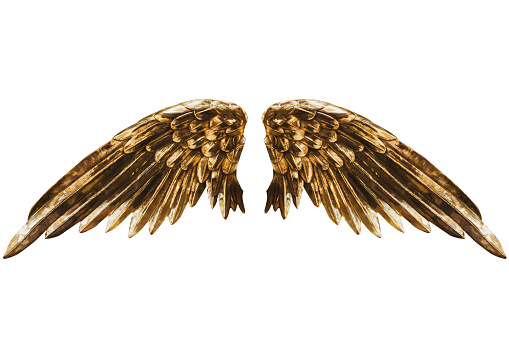 View of the beautiful Angel Golden wings statue for a garden on white background