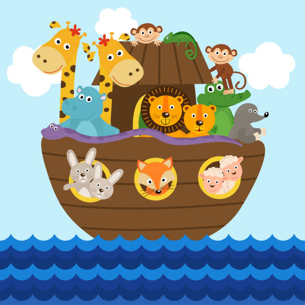 Noah's ark full of animals aboard Noah's ark full of animals aboard  - vector illustration, eps noahs ark stock illustrations