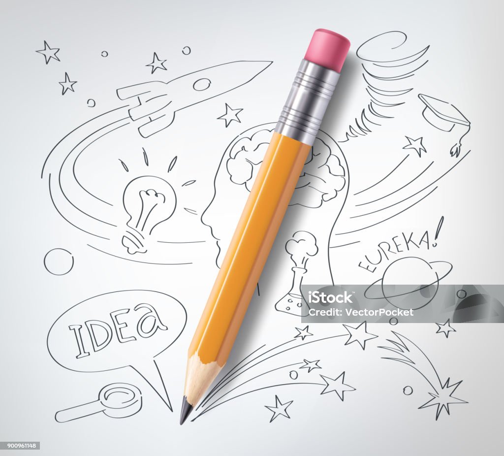 Vector education, science concept, pencil, sketch Vector realistic pencil on paper with sketch creative education, science hand drawn doodles symbols. Concept of idea, eureca, study, research and development. White background illustration Pencil stock vector