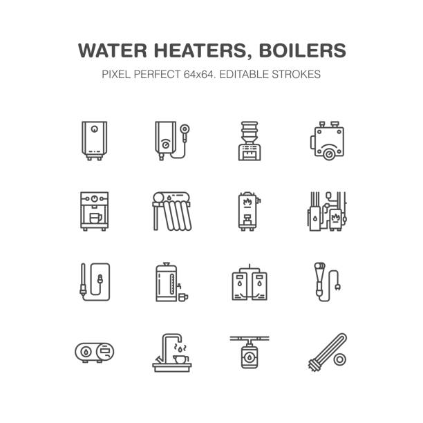 ilustraciones, imágenes clip art, dibujos animados e iconos de stock de caldera de agua, termostato, calentadores solares eléctricas gas y otros aparatos de calefacción de casa línea de iconos. pictograma lineal fina. signos de la tienda del equipo. pixel perfecto 64 x 64 - boiler power station fuel and power generation gas boiler