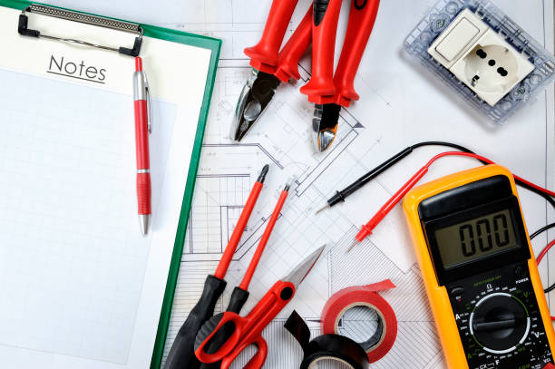 istock Top view of components and electrical equipment placed on the house project 900962136