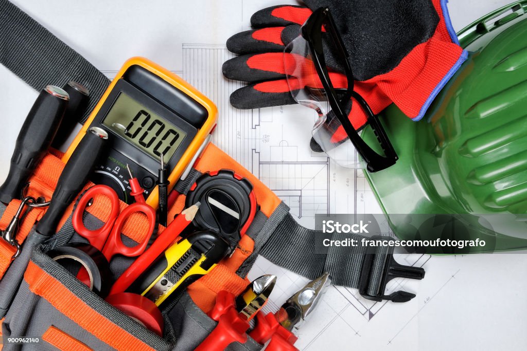 Top view of components and electrical equipment placed on the house project Electrical command and protection equipment and tools for operating in compliance with the safety standards of a residential project Electricity Stock Photo