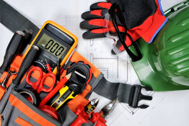 Top view of components and electrical equipment placed on the house project Electrical command and protection equipment and tools for operating in compliance with the safety standards of a residential project electrician multimeter stock pictures, royalty-free photos & images