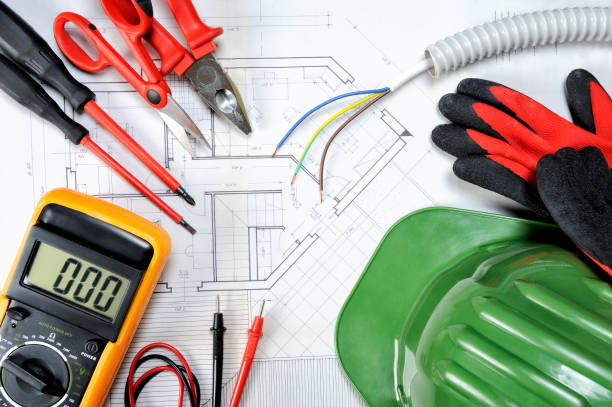 istock Top view of components and electrical equipment placed on the house project 900962142