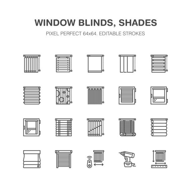 Window blinds, shades line icons. Various room darkening decoration, roller shutters, roman curtains, horizontal and vertical jalousie. Interior design signs for house decor shop. Pixel perfect 64x64 Window blinds, shades line icons. Various room darkening decoration, roller shutters, roman curtains, horizontal and vertical jalousie. Interior design signs for house decor shop. Pixel perfect 64x64. curtain rail stock illustrations