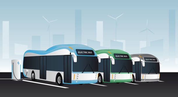 ilustrações, clipart, desenhos animados e ícones de ônibus elétricos em uma linha - autocarro elétrico