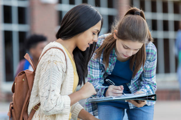 istock Freshman high school girls doing homework together outside high school 900966310