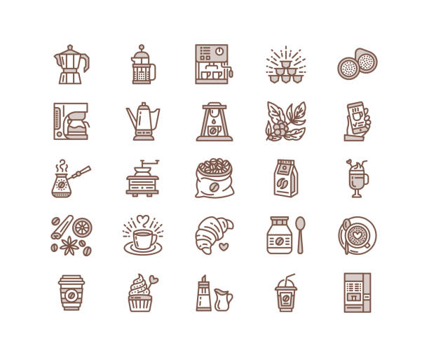 Coffee making equipment vector line icons. Tools - moka pot, french press, grinder, espresso, vending, plant. Linear restaurant, shop pictogram with editable stroke for menu. Pixel perfect 64x64 Coffee making equipment vector line icons. Tools - moka pot, french press, grinder, espresso, vending, plant. Linear restaurant, shop pictogram with editable stroke for menu. Pixel perfect 64x64. moka stock illustrations