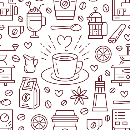 Seamless pattern of coffee, vector background. Cute beverages, hot drinks flat line icons - coffeemaker machine, beans, cup, grinder. Repeated texture for cafe menu, shop wrapping paper.
