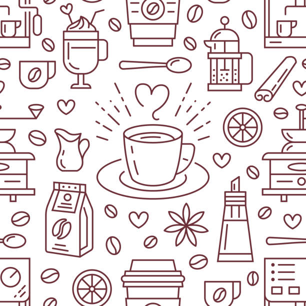 Seamless pattern of coffee, vector background. Cute beverages, hot drinks flat line icons - coffeemaker machine, beans, cup, grinder. Repeated texture for cafe menu, shop wrapping paper Seamless pattern of coffee, vector background. Cute beverages, hot drinks flat line icons - coffeemaker machine, beans, cup, grinder. Repeated texture for cafe menu, shop wrapping paper. brown background illustrations stock illustrations