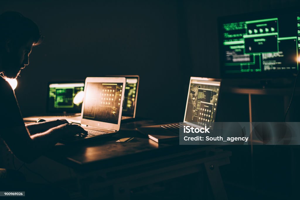 Computer Hacker Net Computer Hacker Working Late At Night Stock Photo - Download Image Now ...